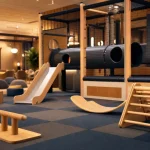 Aire de jeu intérieur : zone 0-3 ans, motricité et toboggan couverts