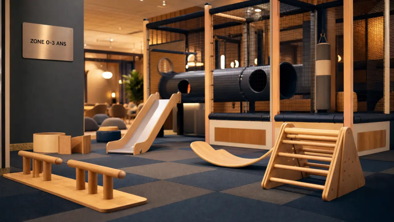 Aire de jeu intérieur : zone 0-3 ans, motricité et toboggan couverts