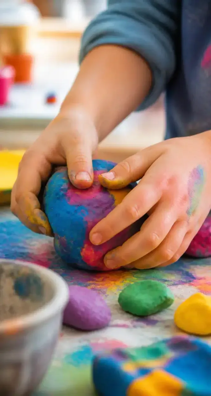 Enfant modelant de l'argile lors d'un atelier créatif en intérieur