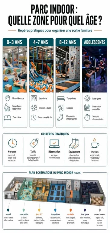 Parc indoor : visuel comparatif des activités par âge et des critères pratiques pour les familles