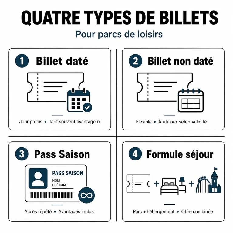 Infographie comparative des types de billets pour une sortie dans un parc enfant : avantages et usages recommandés