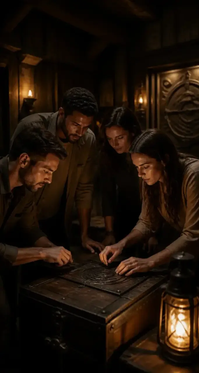 Groupe d'amis résolvant des énigmes dans une salle d'escape game à Montpellier