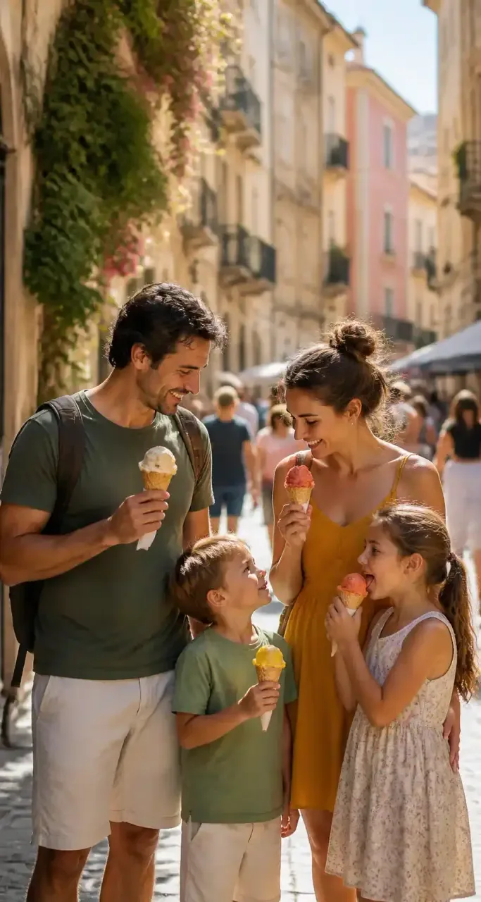 Famille dégustant des glaces artisanales dans une rue piétonne de Montpellier