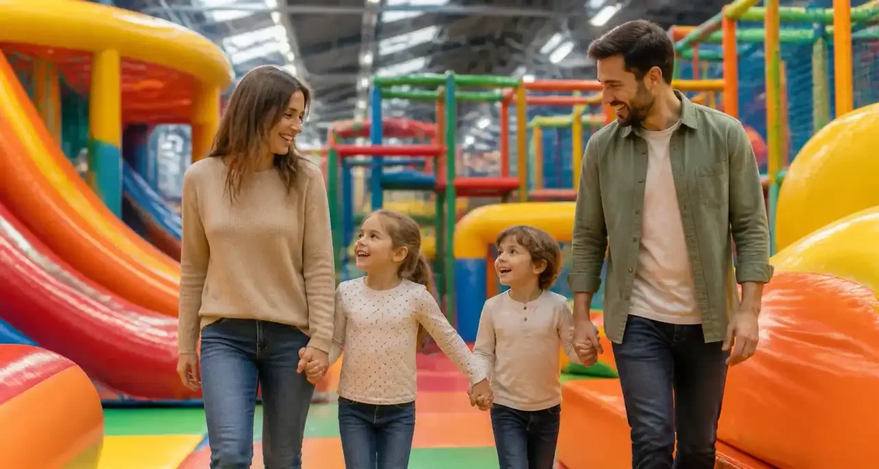 Famille jouant dans un parc de jeux couvert à Montpellier
