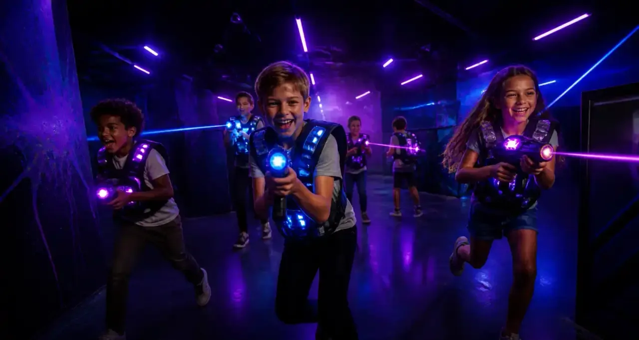 Enfants en pleine partie de laser game dans une arène aux néons colorés à Montpellier