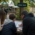 Park enfant : famille consulte planning et billets près d’un parc de loisirs