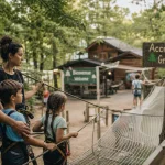 Accrobranche grande motte : famille en harnais sur une plateforme et tyrolienne