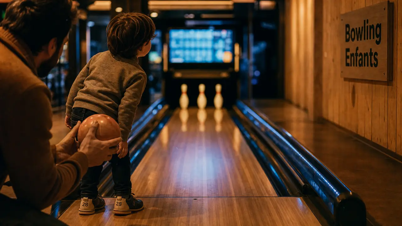 Age bowling enfants 6 à 7 ans : parent et enfant prêt à lancer, sécurité.