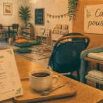 Café poussette pour parents avec bébé et poussette, tasse fumante