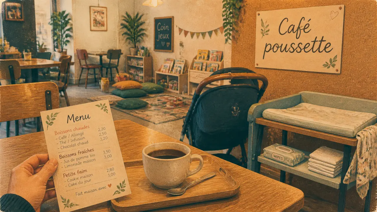Café poussette pour parents avec bébé et poussette, tasse fumante