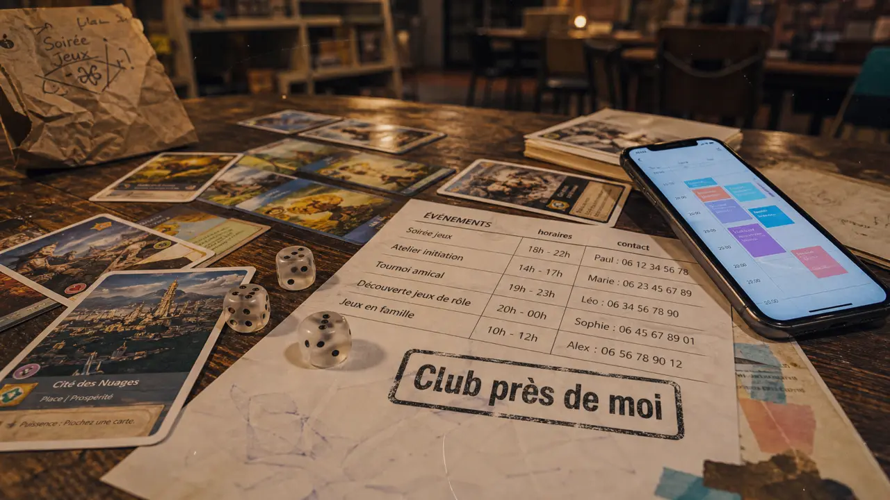 Club jeux de société autour de moi : table avec cartes, horaires et ambiance