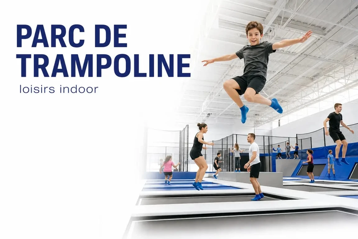 Trampoline parc indoor animé avec familles et ados en session de saut