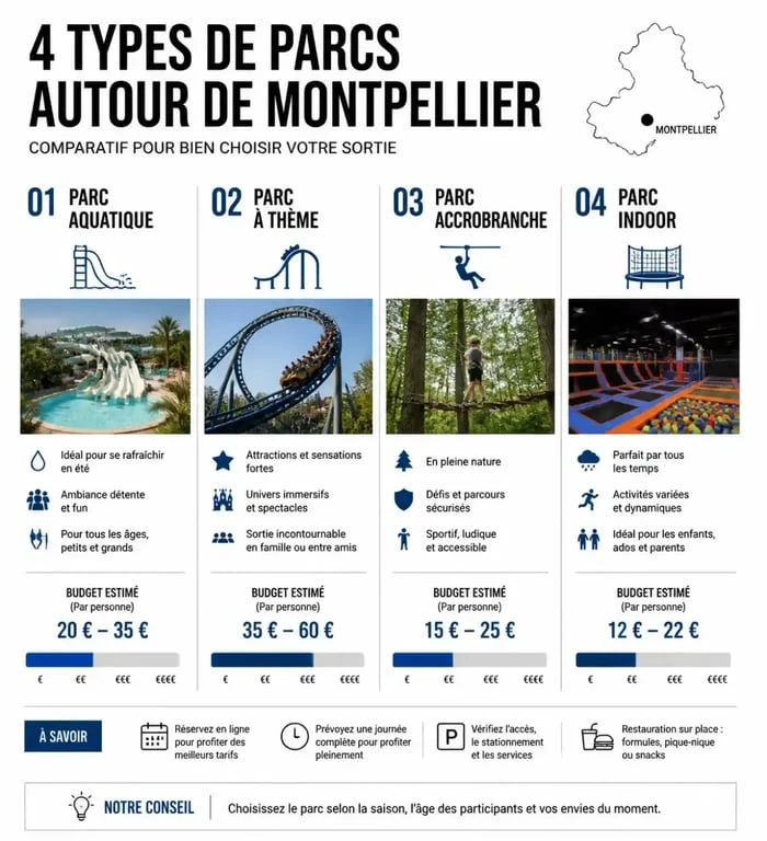 Infographie comparative des parcs d'attraction vers Montpellier par type et budget