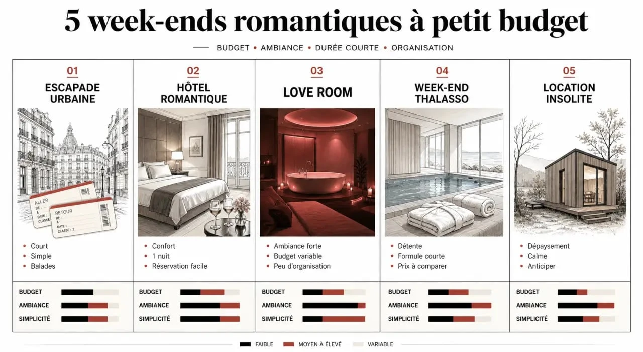 Week end pas cher en amoureux : comparaison visuelle des formats city break, love room, thalasso, hôtel romantique et location insolite