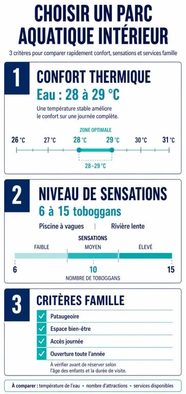 Infographie sur un parc aquatique intérieur : confort, toboggans et critères famille