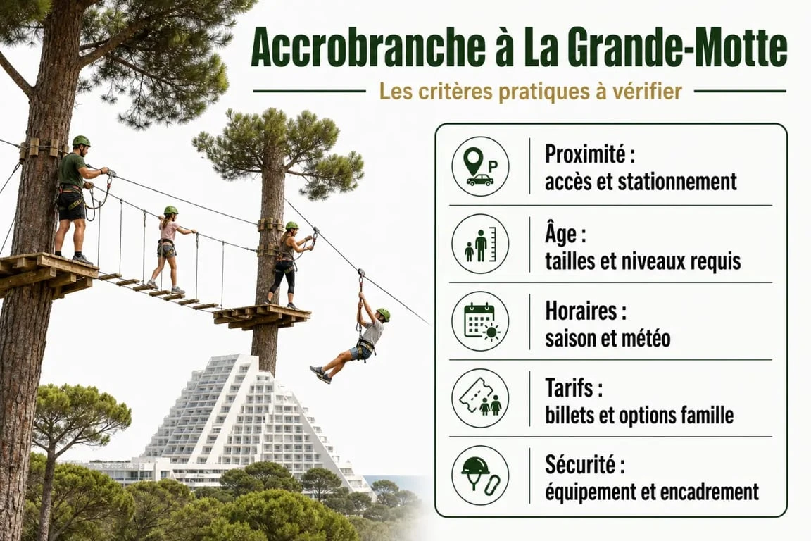 Accrobranche grande motte dans un parc d’arbres avec tyroliennes et famille en sécurité