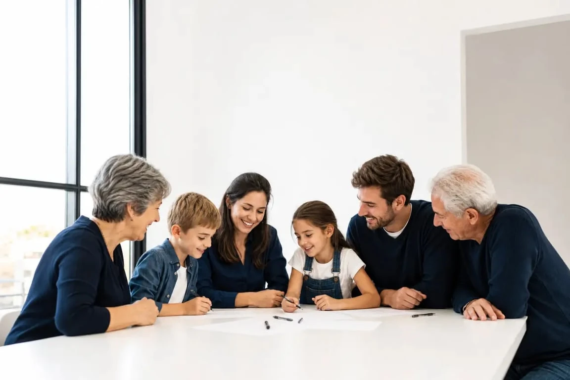 Jeux à faire en famille : une famille multigénérationnelle joue ensemble dans un salon lumineux
