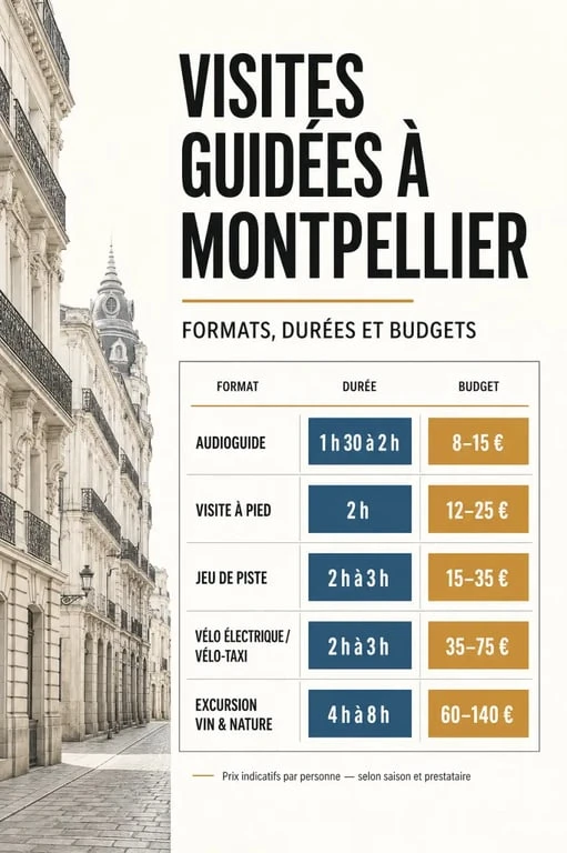 Montpellier visites guidées : comparatif visuel des formats, durées et budgets