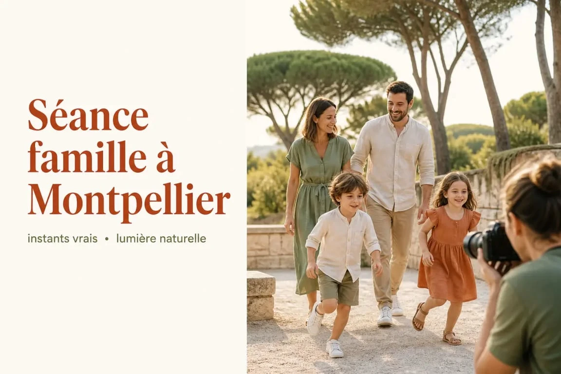 Séance photo famille montpellier en extérieur dans un parc lumineux avec parents et enfants naturels