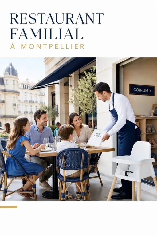 Restaurant familial Montpellier : famille à table sur une terrasse conviviale avec chaise haute et coin jeux
