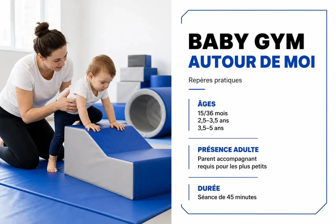 Baby gym autour de moi : groupes d’âge, présence adulte et durée de séance