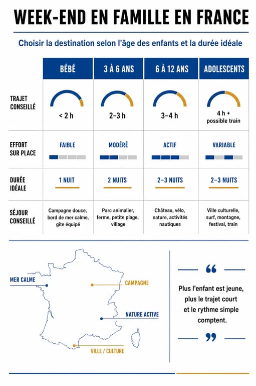 Week-end en famille : idées de destinations et conseils pour organiser un séjour réussi illustré par une infographie de choix selon l’âge des enfants