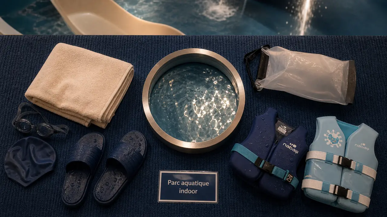 Parc aquatique intérieur : accessoires famille sur moquette antidérapante