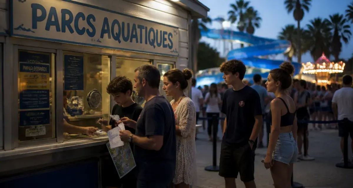 Parc attraction vers Montpellier : famille devant un guichet, tickets et plan