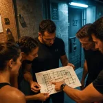 Prison Island Montpellier : équipe en groupe autour du plan