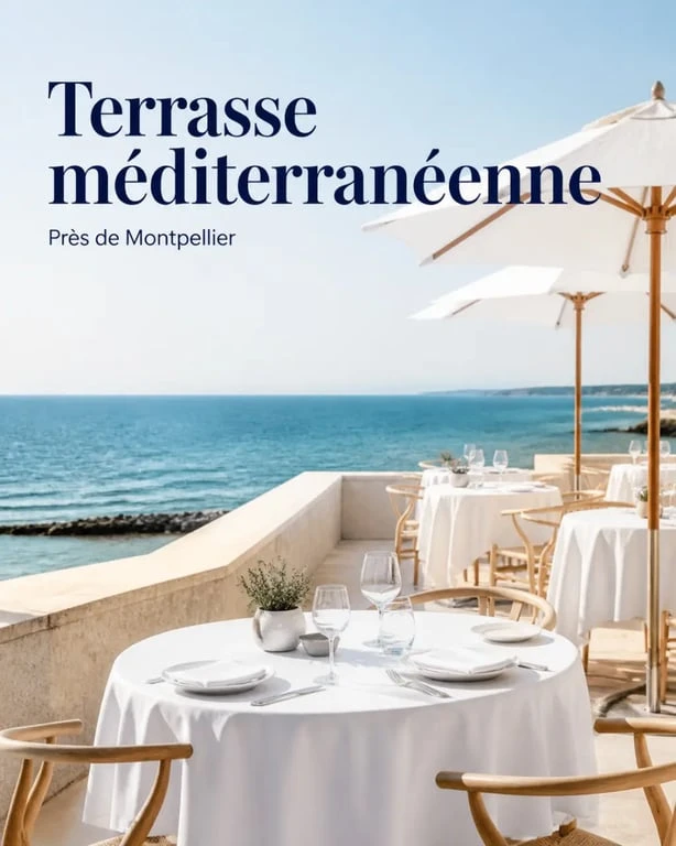Terrasse de restaurant en bord de mer autour de Montpellier pour un repas en extérieur