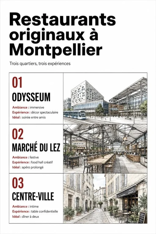 Restaurants originaux montpellier : synthèse visuelle des zones et ambiances à Montpellier