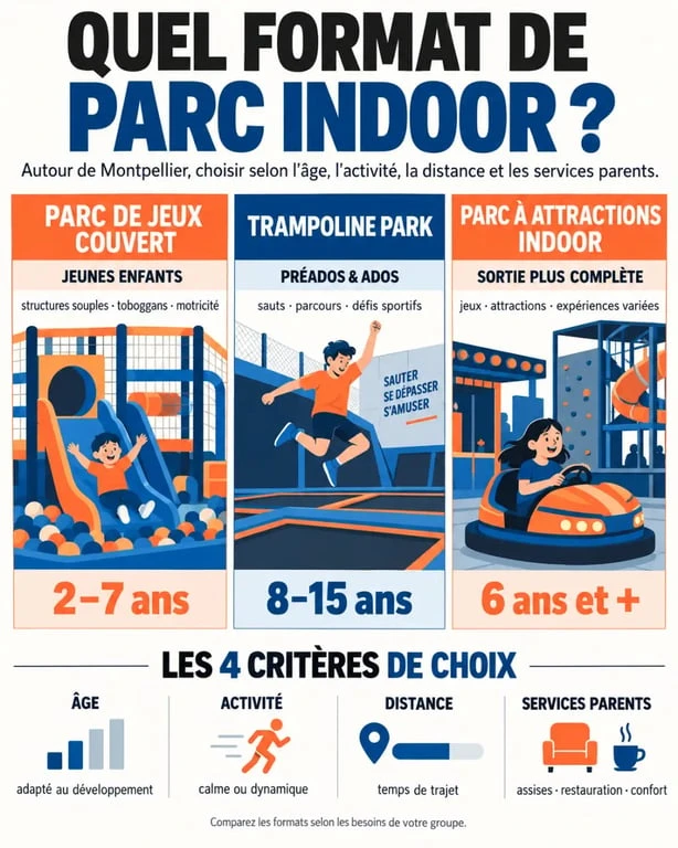 Infographie pour choisir un parc de jeux indoor à Montpellier selon l’âge et les activités