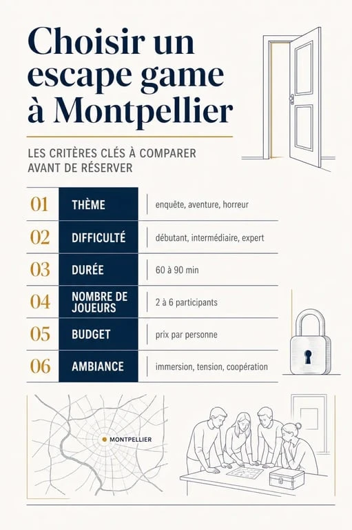 Meilleur escape game Montpellier : tableau visuel des critères de choix entre thème, difficulté, durée, nombre de joueurs et budget