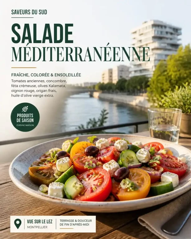 Salade méditerranéenne fraîche en terrasse au bord du Lez à Montpellier