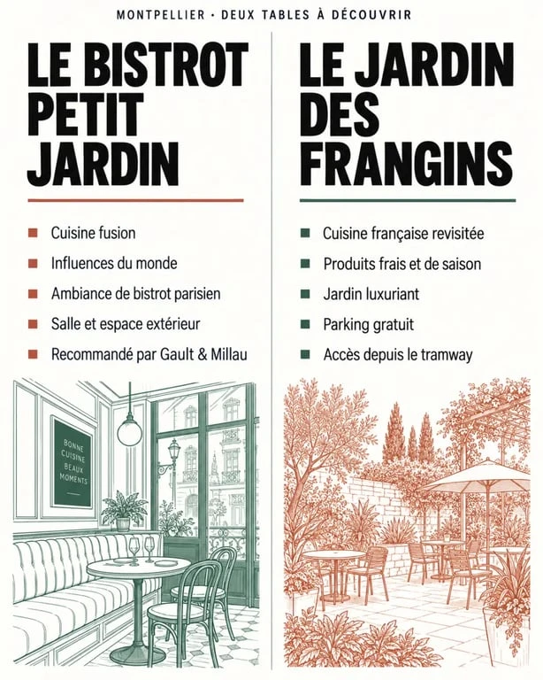 Infographie comparative des meilleurs restaurants bistronomiques montpellier : Le Bistrot Petit Jardin et Le Jardin des Frangins