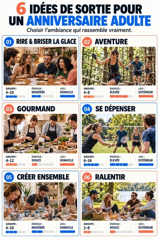Infographie des idées de sortie anniversaire adulte selon l'ambiance et le type de groupe