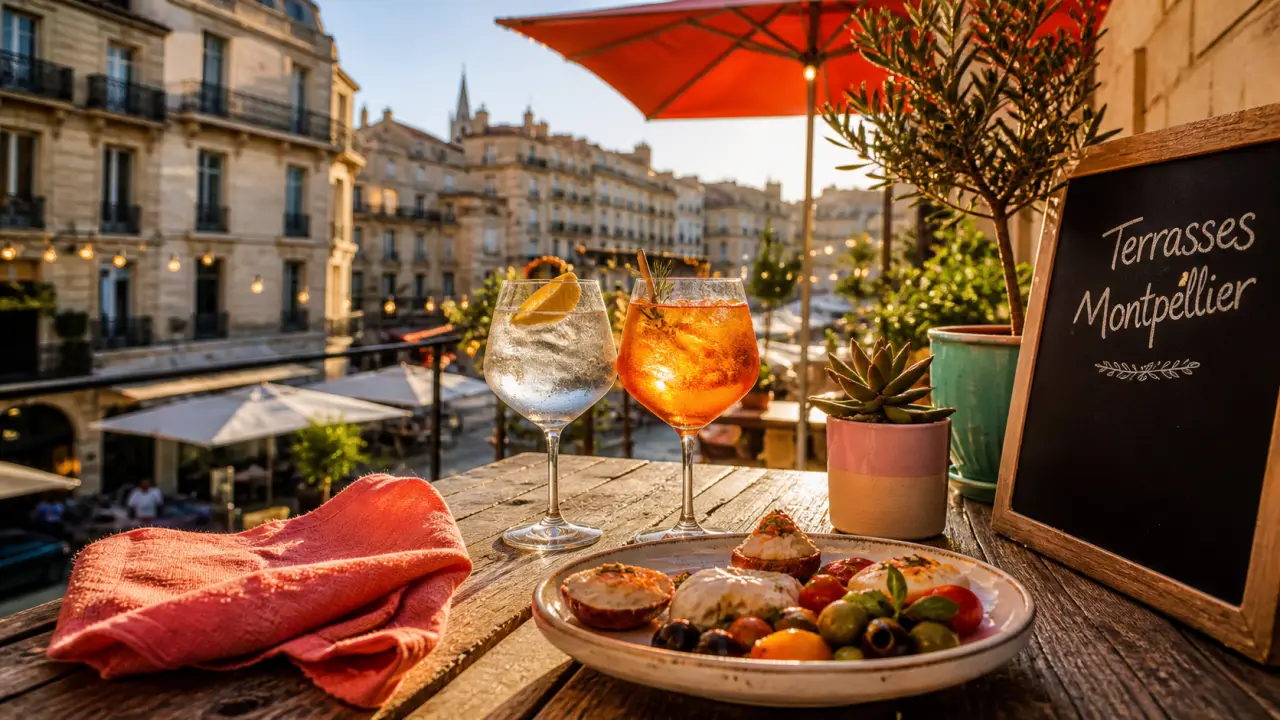 Restaurants terrasse Montpellier : terrasse ensoleillée avec cocktails et tapas