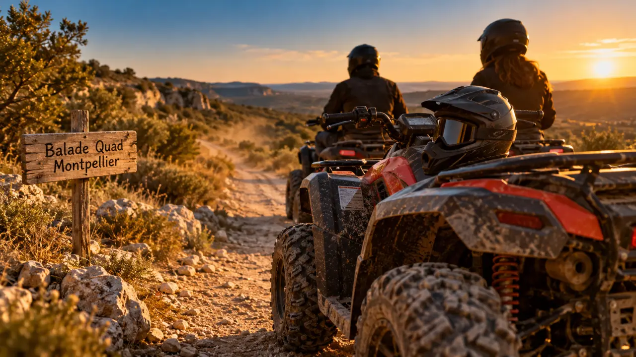 Balade quad Montpellier : quad en garrigue au golden hour