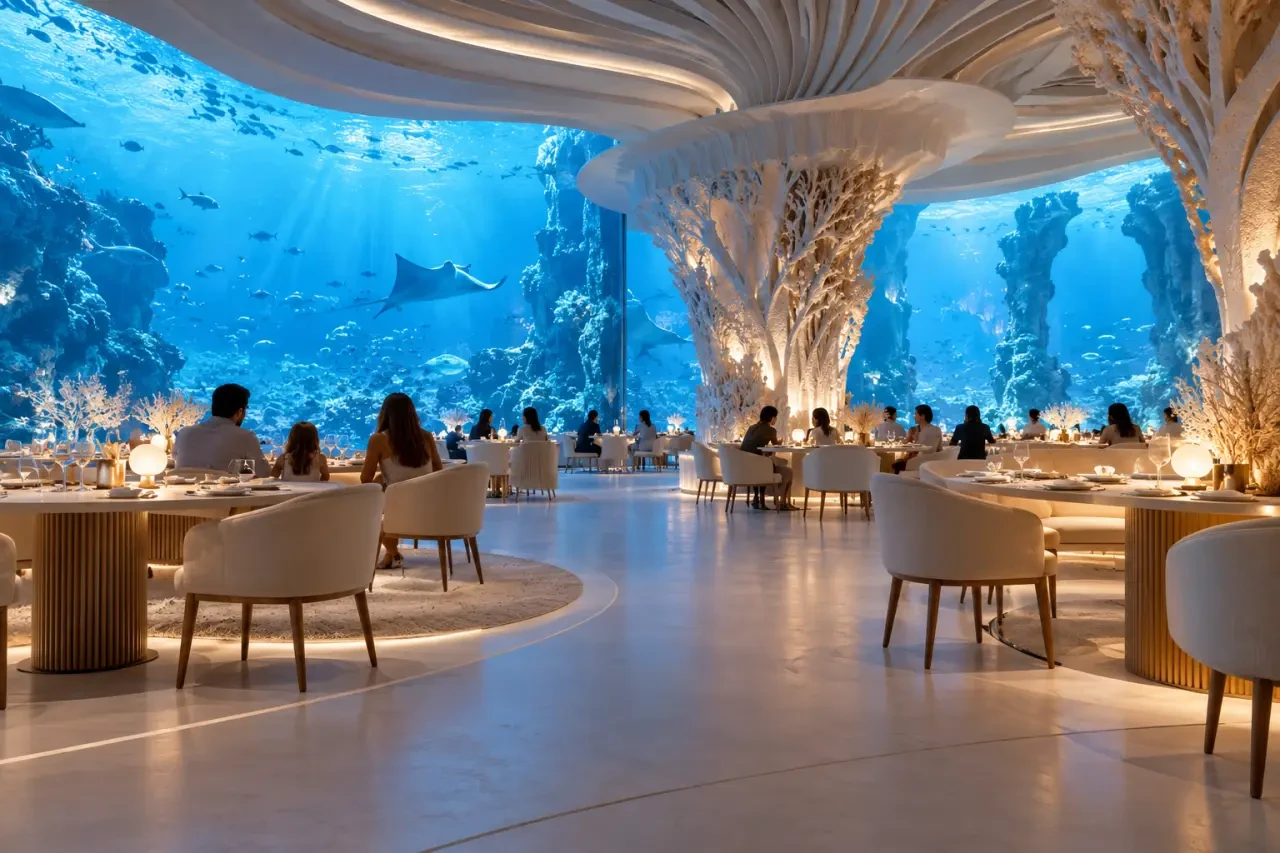 Ambiance évocatrice d’un restaurant immersif Montpellier Odysseum dans un décor sous-marin