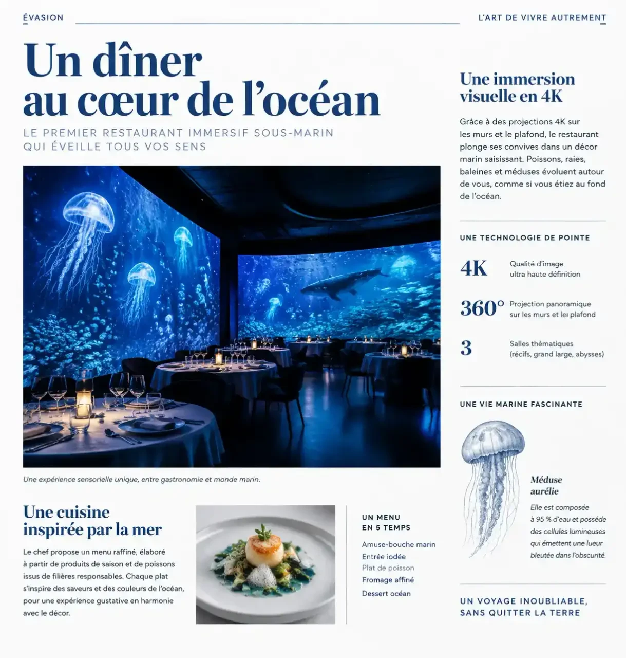Salle d'un restaurant aquarium à Montpellier avec projections sous-marines en 4K et ambiance bleutée