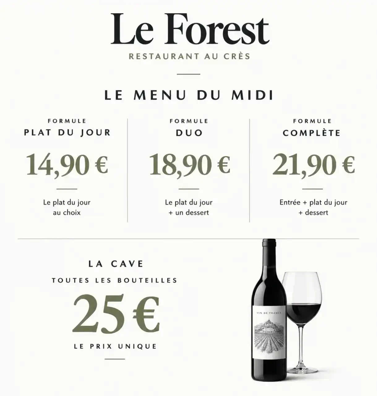 Prix du menu du midi et de la cave à vin du restaurant Le Forest, restaurant Le Crès près de Montpellier