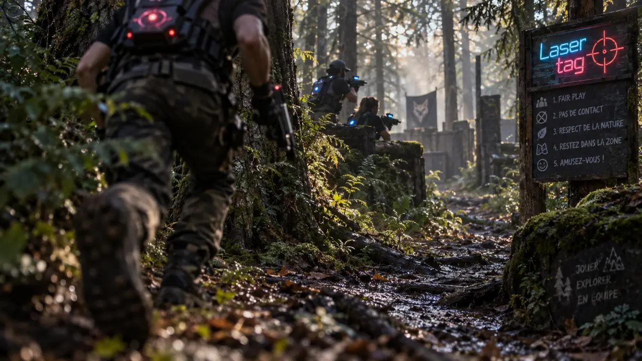 Lasertag extérieur : joueurs en camouflage visant à couvert en forêt