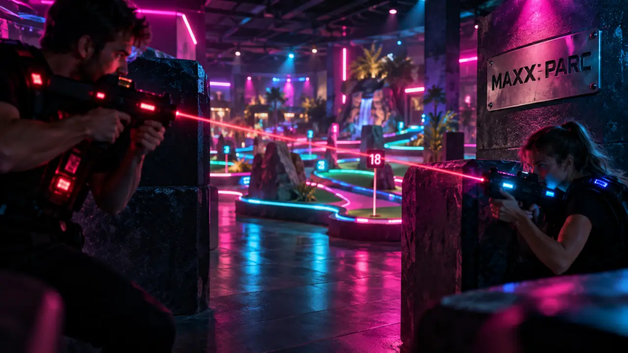 Maxx Parc : arène laser indoor à Tours, néons magenta et cyan